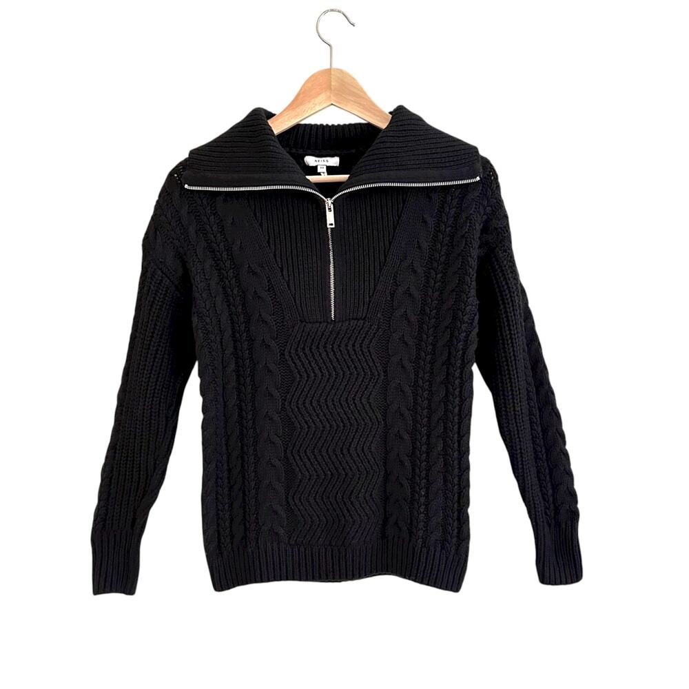 Reiss Alexis Half Zip Cable Knit Sweater Black XS Woolblend